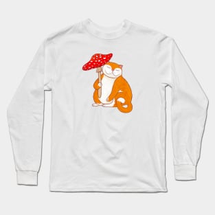 Cute Cat with Fly Agaric Mushroom Umbrella Graphic Design Long Sleeve T-Shirt